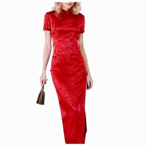 Vintage Asian Elegant Wine Red Maxi Dress 90s Y2k Jacquard Chinese Wedding Sz. 8